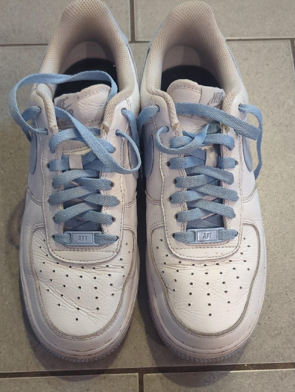 Nike White Sneakers with Light Blue Laces and Swoosh